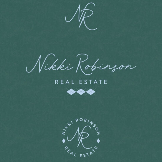 Design mockup with Nikki Robinson Logos on dark green background