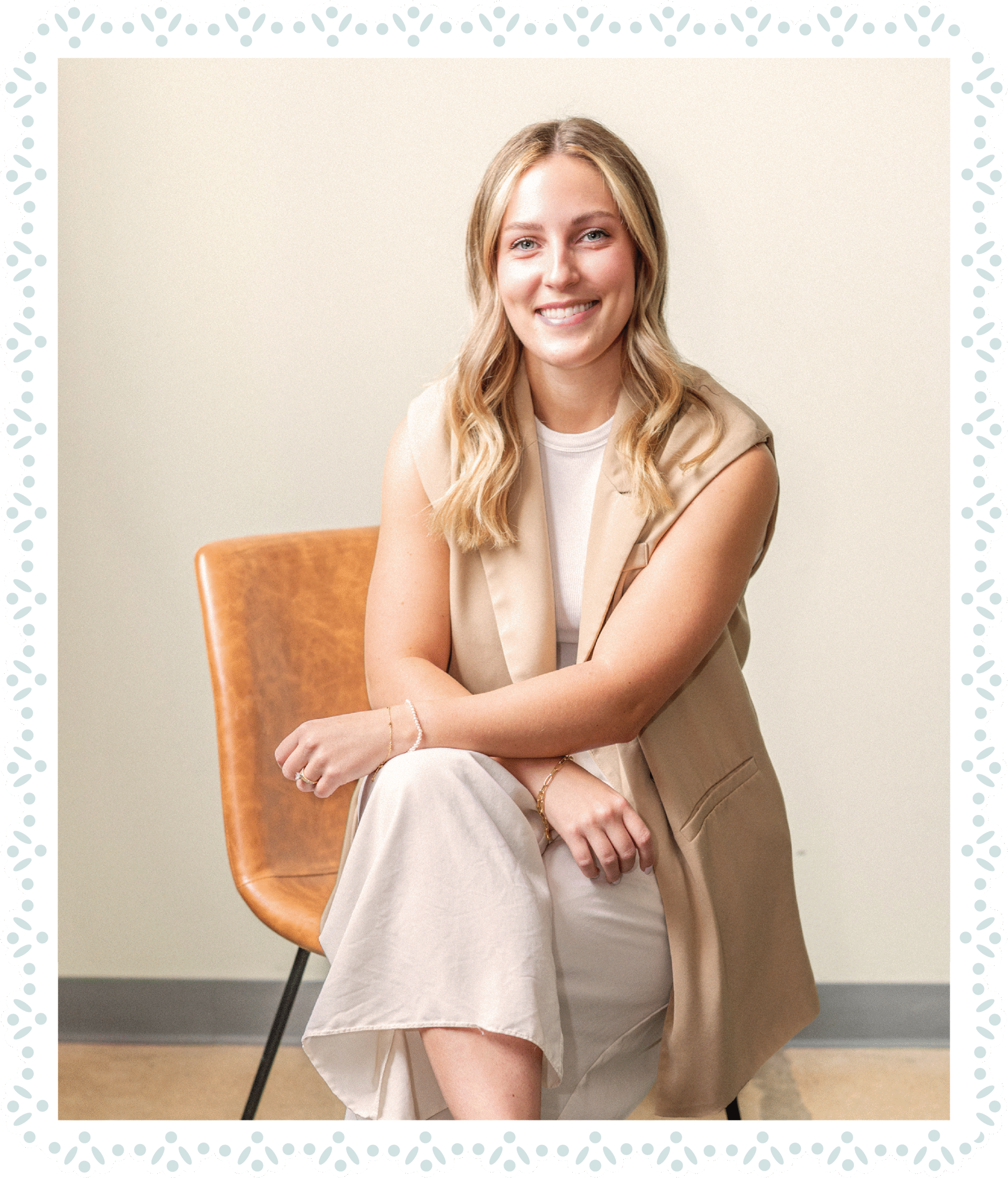 lauren-cooper-founder-and-brand-designer-for-blender-creative-co-2Artboard 7@2x Lauren Cooper, brand designer, wearing a tan suit jacket in Mooresville design studio